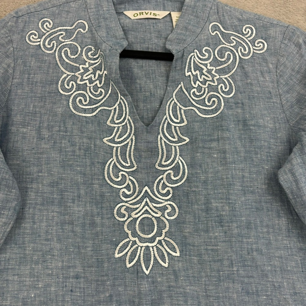 Orvis Embroidered Linen Tunic Top Womens S (6/8) Blue 3/4‎ Sleeve Lagenlook Boho - Picture 6 of 15